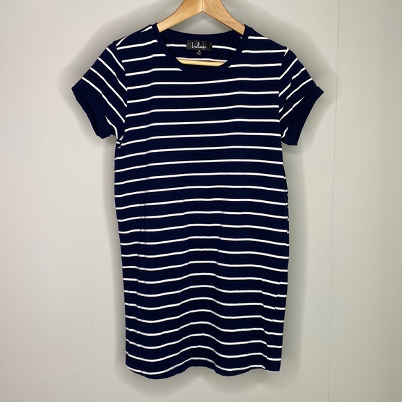 Lulu’s Cafe Society Navy Blue Striped Shirt Dress - Picture 3 of 10